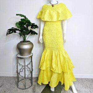 Smocked Off Shoulder Mermaid Dress: Ruffle Sleeve Wax Cotton with Headwrap